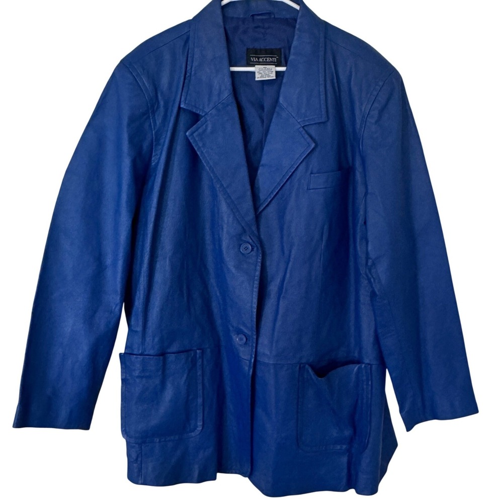 Via Accenti Blue Leather Blazer Jacket Womens Size 18 Cobalt Blue Vintage Style